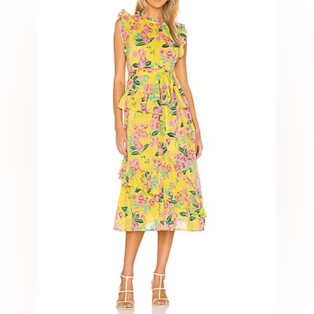 Banjanan Bella Midi Dress Yellow Printed Ascot Gavotte Aurora Ruffle Size XS